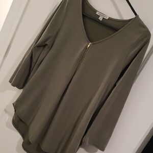 Green V-Neck Blouse with Gold Zipper